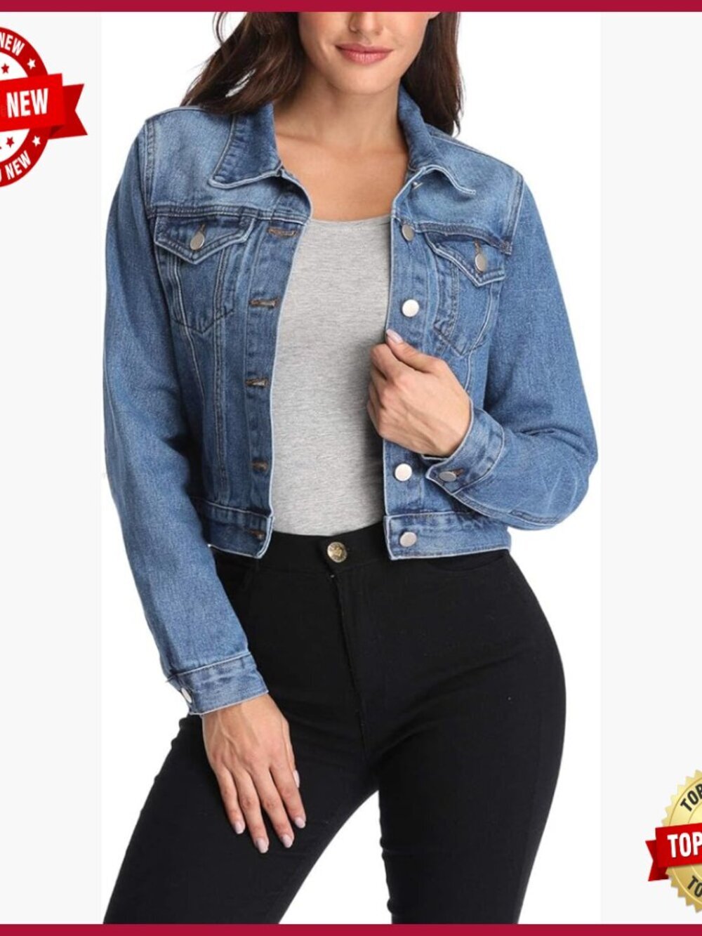 Cropped Denim Jacket Women's Long Sleeve Button Down with Pockets